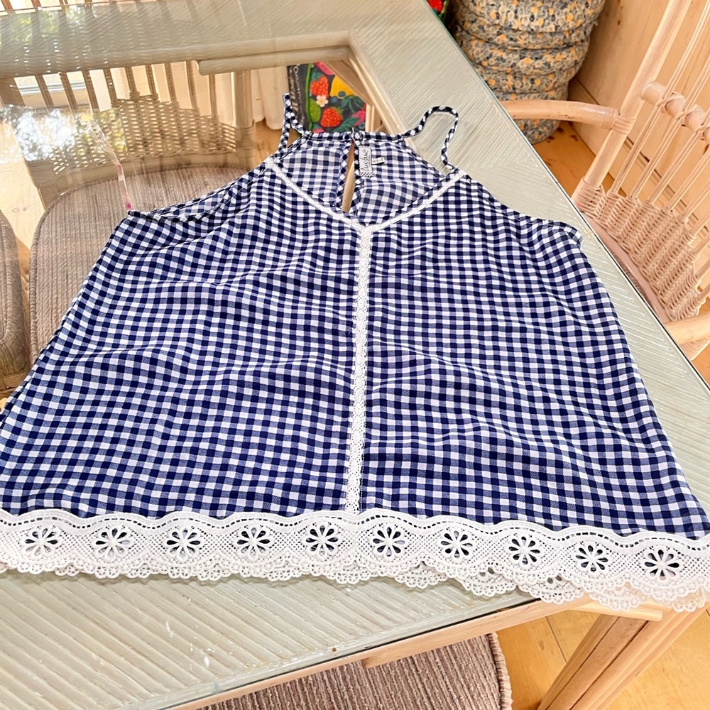 Blue and White Gingham Top with Lace Trim